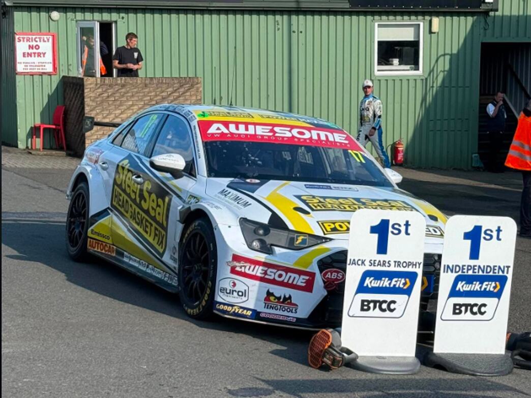 The Awesome-sponsored #17 Steel Seal Power Maxed Racing Audi S3 in the Knockhill paddock alongside boards reading 1st Jack Sears Trophy and 1st Independent